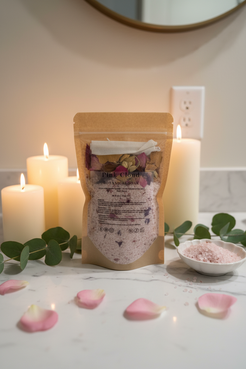 Pink Cloud Botanical Soak - Bathroom Counter Lifestyle
